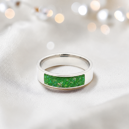 Fruit green Solace men's sterling silver ring, handcrafted in Lancashire UK by Keepsake Memorial Jewellery