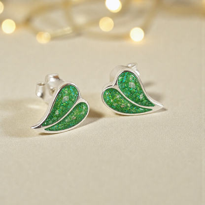 Two Hearts memorial stud earrings in Fruit Green opal — sterling silver, handcrafted in Lancashire, UK