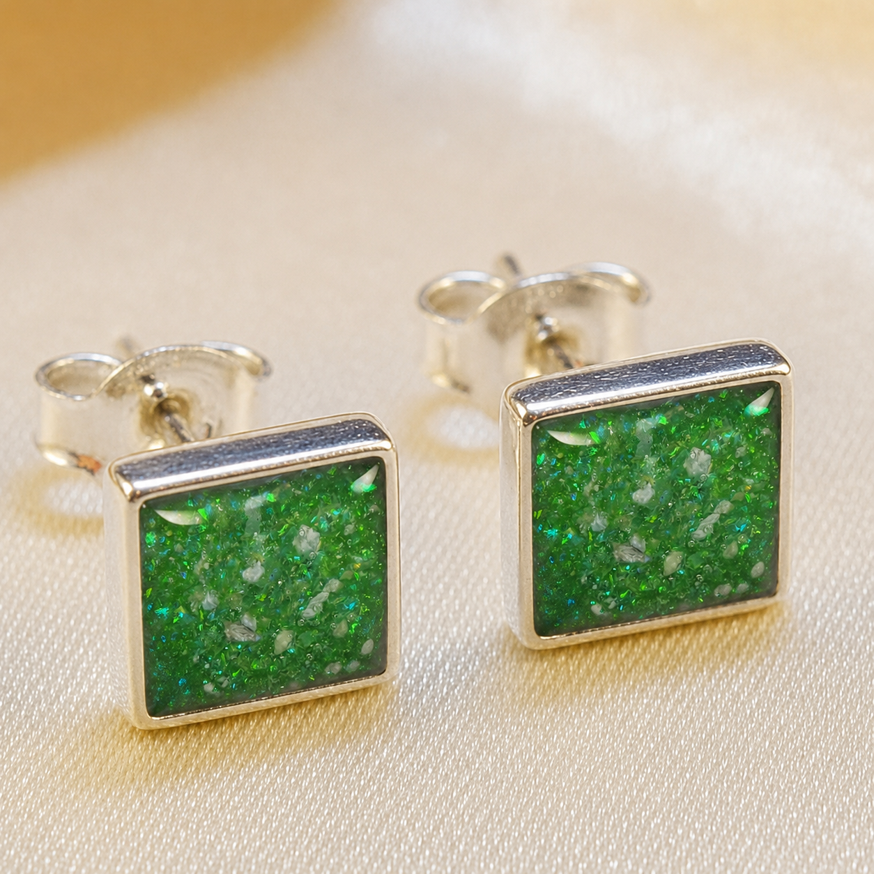 Keepsake Memorial Sterling Silver Square Stud Ashes Earrings Celeste Shine in Fruit Green - Handcrafted in the UK