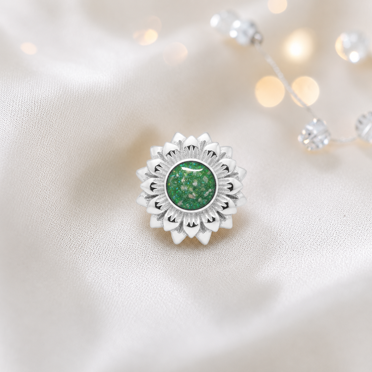 Fruit green sterling silver sunflower ashes memorial charm, handcrafted in Lancashire by keepsake memorial