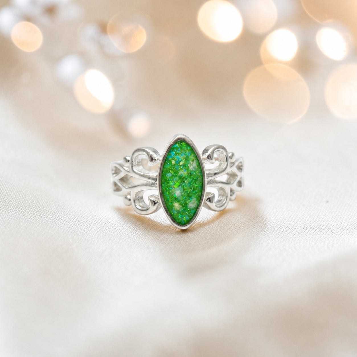 Keepsake Memorial Silver Willow Ashes Ring in Fruit Green - Handcrafted in the UK