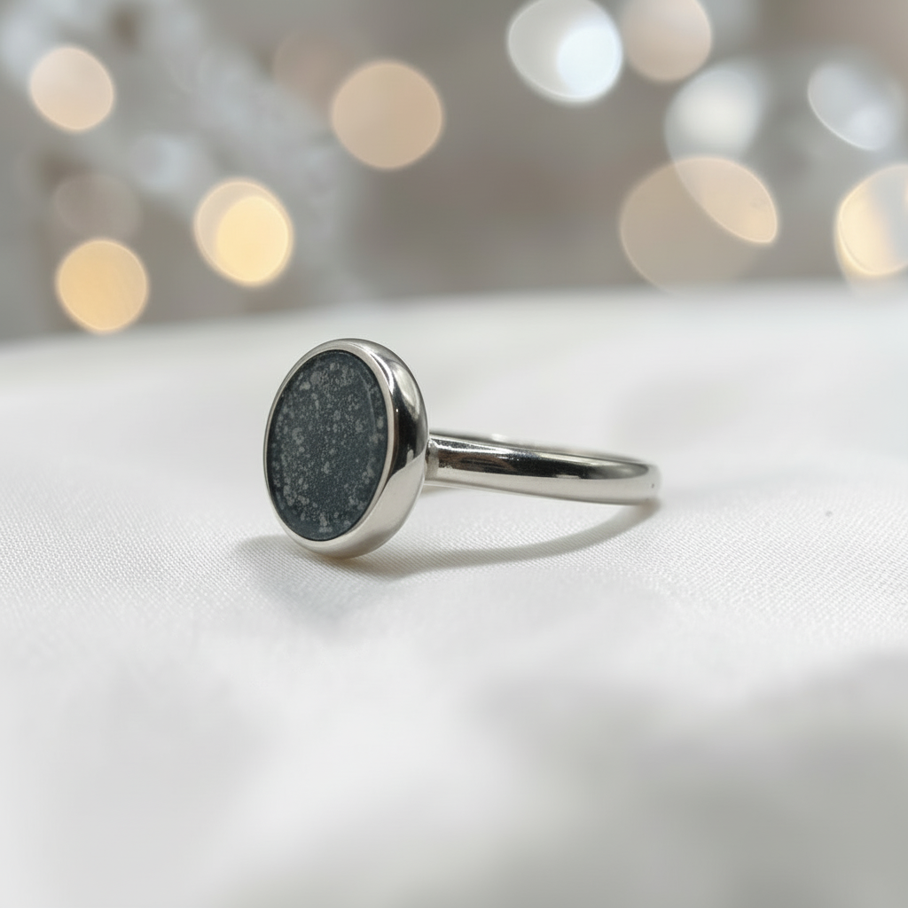 Gabrielle Ring — silver round ashes memorial ring with white ash flecks, handcrafted in Lancashire, UK