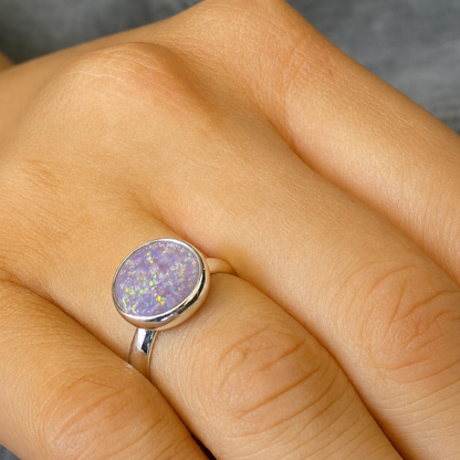 Gabrielle Ring— silver round ashes memorial ring in Unicorn purple resin, handcrafted in Lancashire, UK