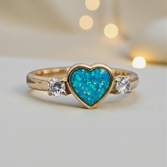 Gold Heart Ring - Marine Blue Crushed Opal