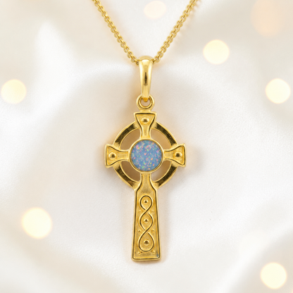 Baby Blue Claddagh Cross 9ct gold pendant, handcrafted in Lancashire UK – by Keepsake Memorial Jewellery