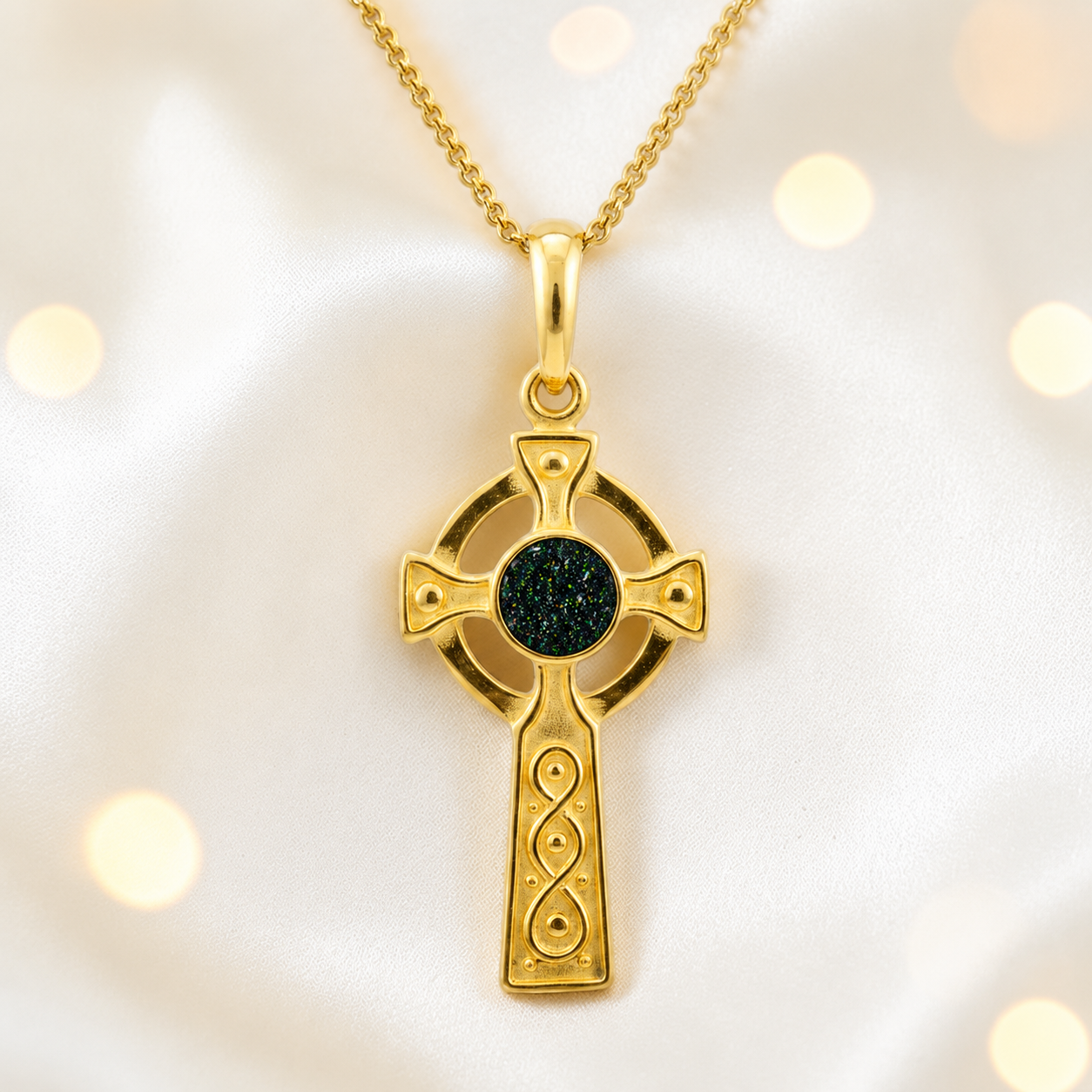 Black Flame Claddagh Cross 9ct gold pendant, handcrafted in Lancashire UK – by Keepsake Memorial Jewellery