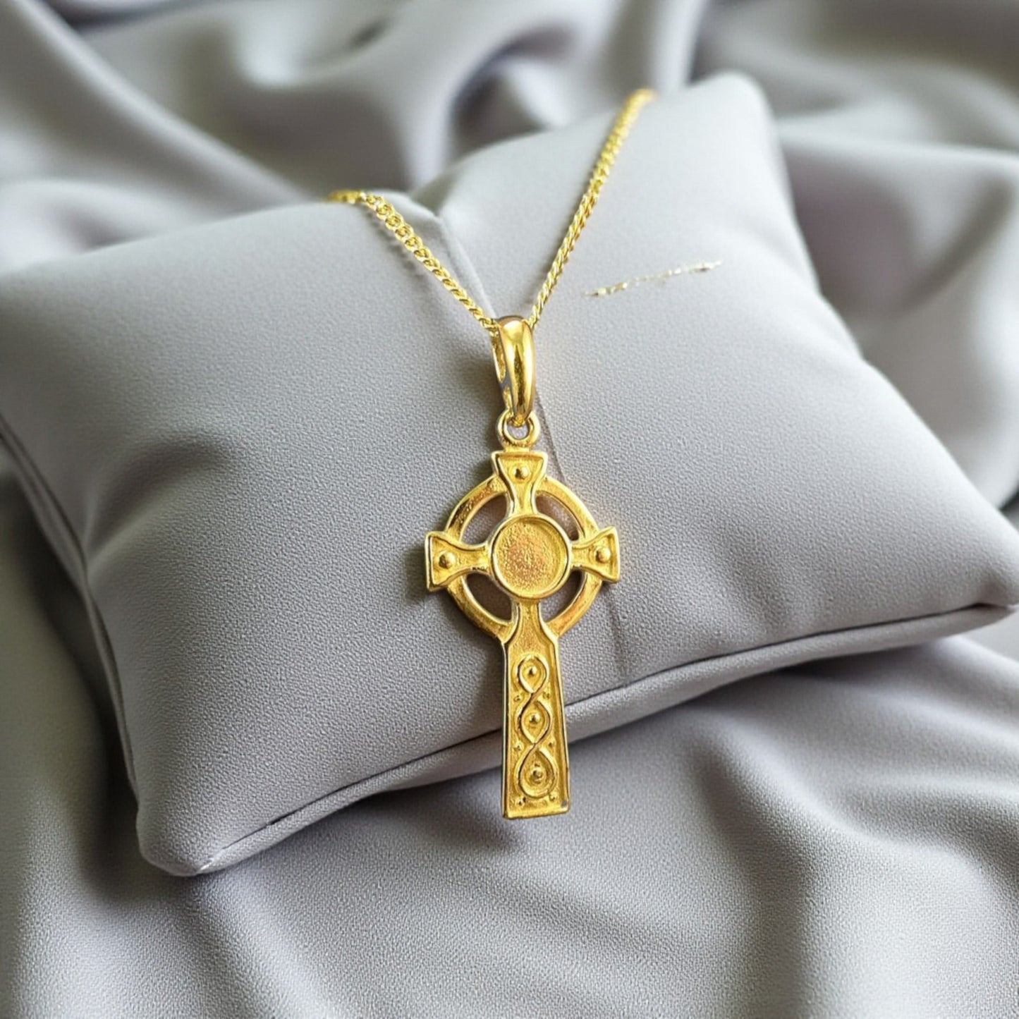 9CT gold celtic cross, for ashes keepsake, Lancashire, UK
