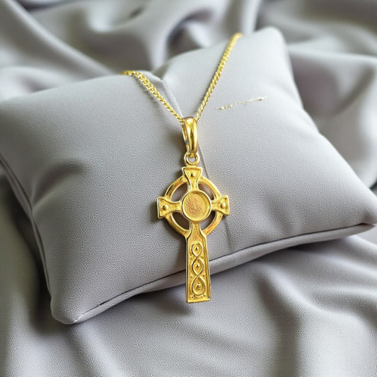 9CT gold celtic cross, for ashes keepsake, Lancashire, UK