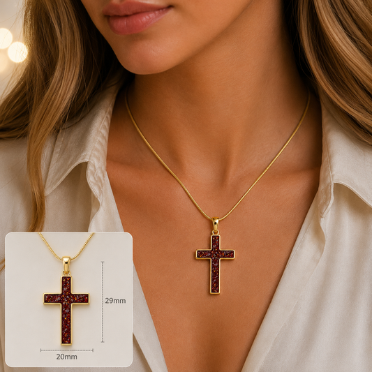 Ruby red Eternal Cross 9ct gold pendant, handcrafted in Lancashire UK – by Keepsake Memorial Jewellery