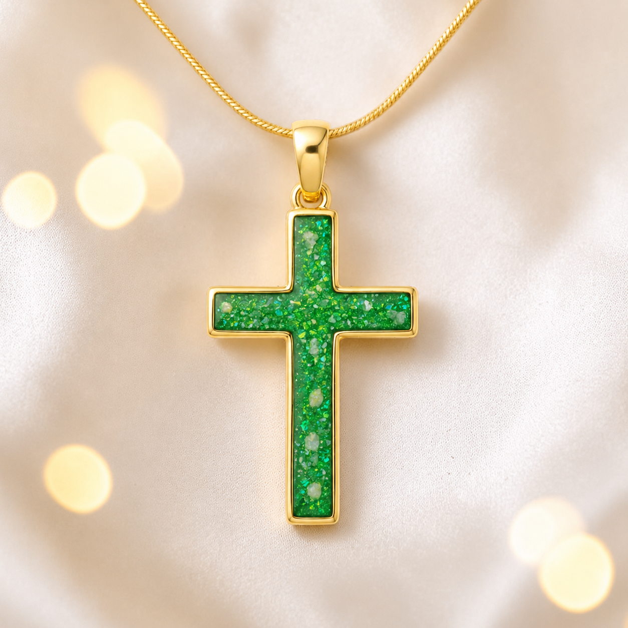 Fruit Green Eternal Cross 9ct gold pendant, handcrafted in Lancashire UK – by Keepsake Memorial Jewellery