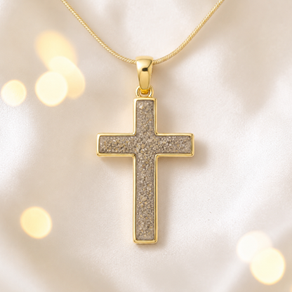 Natural Ash Eternal Cross 9ct gold pendant, handcrafted in Lancashire UK – by Keepsake Memorial Jewellery