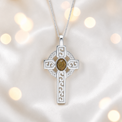 Gold olive Anam sterling silver Celtic cross memorial pendant, 55mm, handcrafted in Lancashire UK by Keepsake Memorial Jewellery