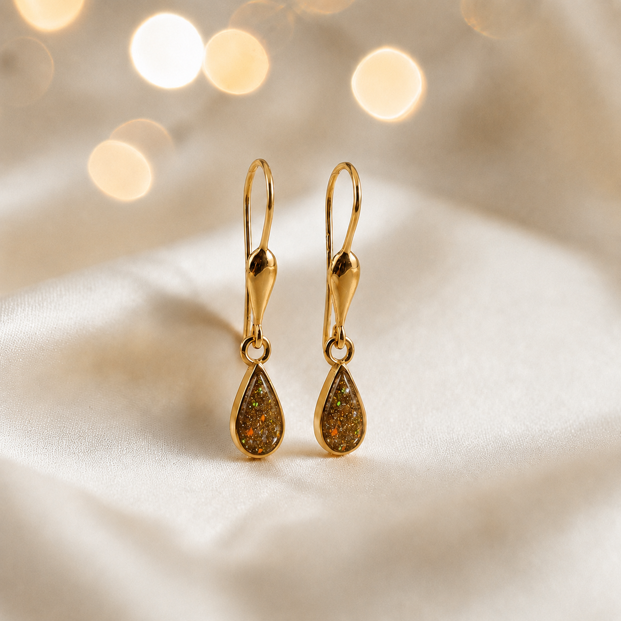 Gold Olive Calla 9ct gold drop memorial earrings, handcrafted in Lancashire, UK – by Keepsake Memorial Jewellery