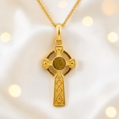 Gold Olive Claddagh Cross 9ct gold pendant, handcrafted in Lancashire UK – by Keepsake Memorial Jewellery