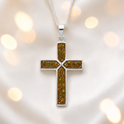 Gold olive Endura men's sterling silver cross memorial pendant, 29mm, handcrafted in Lancashire UK by Keepsake Memorial Jewellery