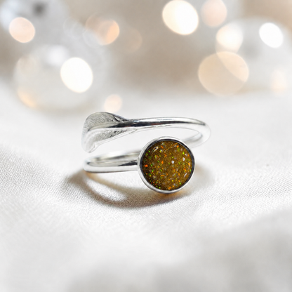 Feather Whisper Ring — silver feather ashes memorial ring, in gold olive, handcrafted in Lancashire, UK