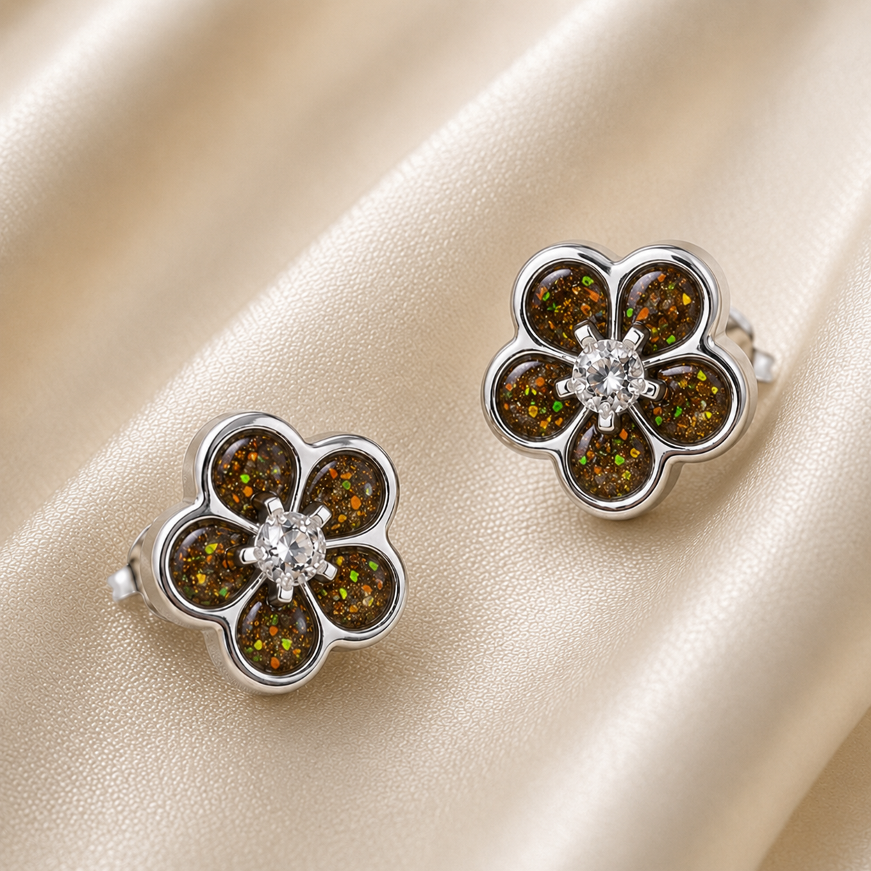 925 Sterling Silver Forget Me Not Memorial Stud Earrings in gold olive - Keepsake Memorial Jewellery
