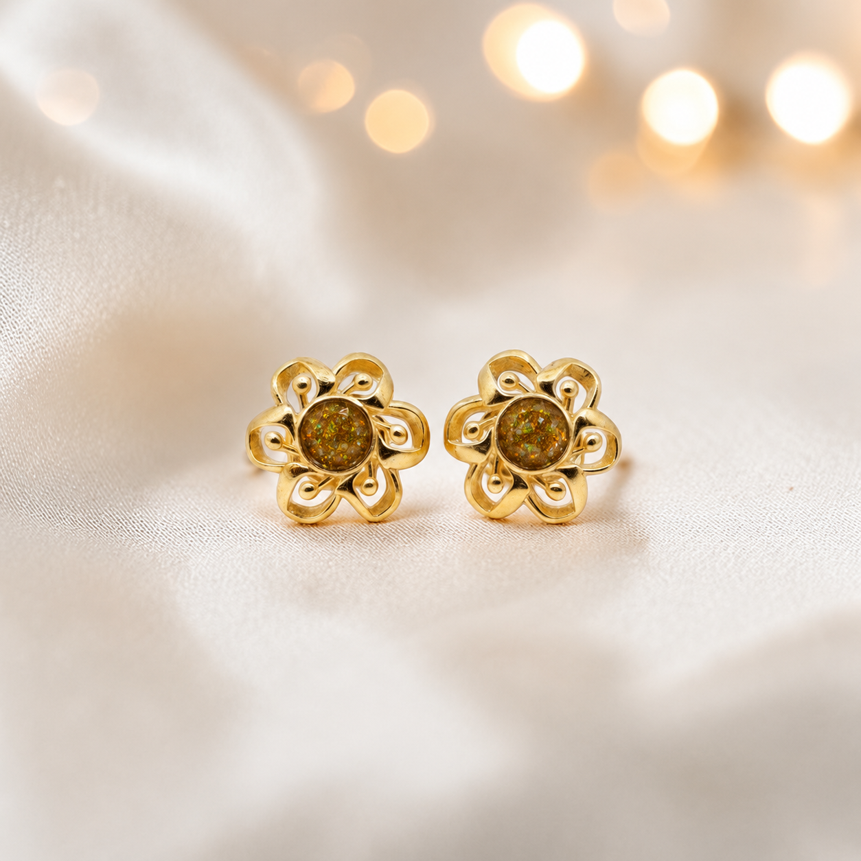 Gold Olive Freya 9ct gold flower earrings, handcrafted in Lancashire, UK – by Keepsake Memorial Jewellery