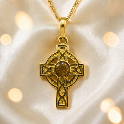 Gold Olive Gael Cross 9ct gold pendant, handcrafted in Lancashire UK – by Keepsake Memorial Jewellery