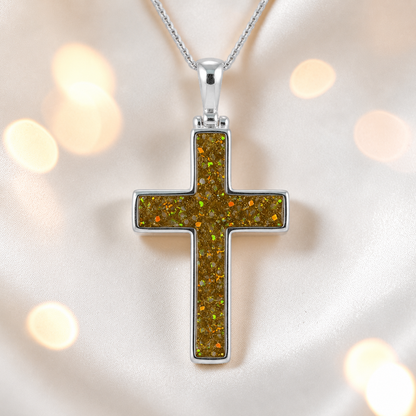 Gold Olive Halo sterling silver cross memorial pendant, 30mm, handcrafted in Lancashire UK by Keepsake Memorial Jewellery