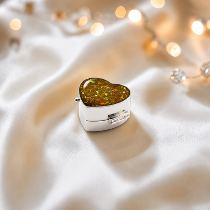 Sterling silver ashes heart trinket box in gold olive, handcrafted in Lancashire, UK - by Keepsake Memorial Jewellery