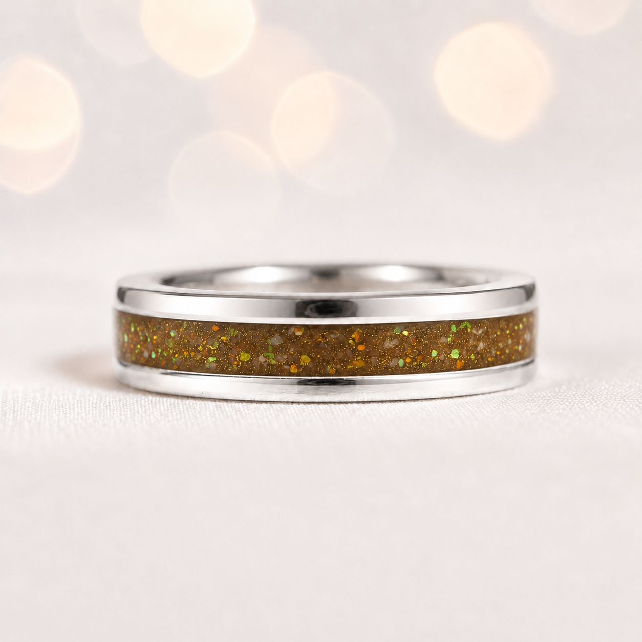 Gold olive Horizon unisex sterling silver channel memorial band ring, 5.5mm wide, handcrafted in Lancashire UK by Keepsake Memorial Jewellery