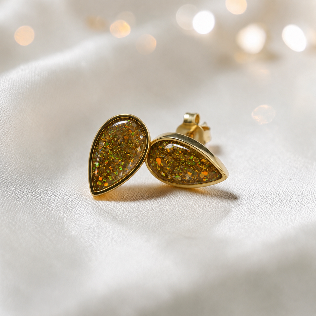 Gold Olive Luma 9ct gold pear drop earrings, handcrafted in Lancashire, UK – by Keepsake Memorial Jewellery