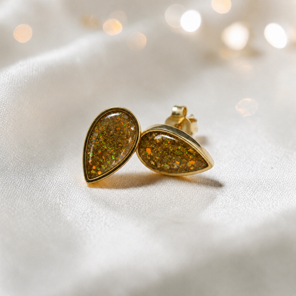 Gold Olive Luma 9ct gold pear drop earrings, handcrafted in Lancashire, UK – by Keepsake Memorial Jewellery
