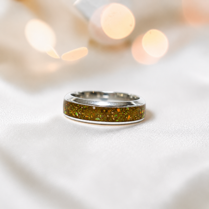 Gold olive Obsidian men's sterling silver wide channel memorial band ring, 6mm wide, handcrafted in Lancashire UK by Keepsake Memorial Jewellery