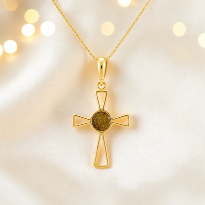 Gold olive 9ct gold memorial ashes open cross pendant, handcrafted in Lancashire UK