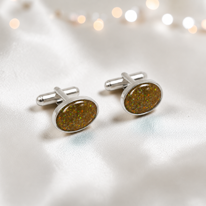 Gold olive Pulse sterling silver oval memorial ashes cufflinks, handcrafted in Lancashire UK