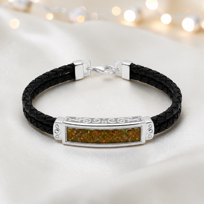 Gold olive Sentinel men's sterling silver and leather memorial bracelet , handcrafted in Lancashire UK by Keepsake Memorial Jewellery