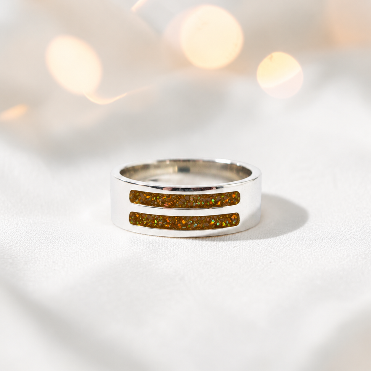 Gold Olive Strata men's sterling silver double channel memorial ring, wide comfort-fit band, handcrafted in Lancashire UK by Keepsake Memorial Jewellery