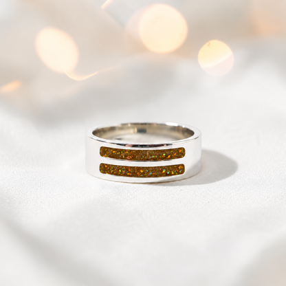 Gold Olive Strata men's sterling silver double channel memorial ring, wide comfort-fit band, handcrafted in Lancashire UK by Keepsake Memorial Jewellery