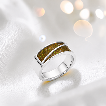 Gold Olive Two Paths men's sterling silver split channel memorial band ring, handcrafted in Lancashire UK by Keepsake Memorial Jewellery