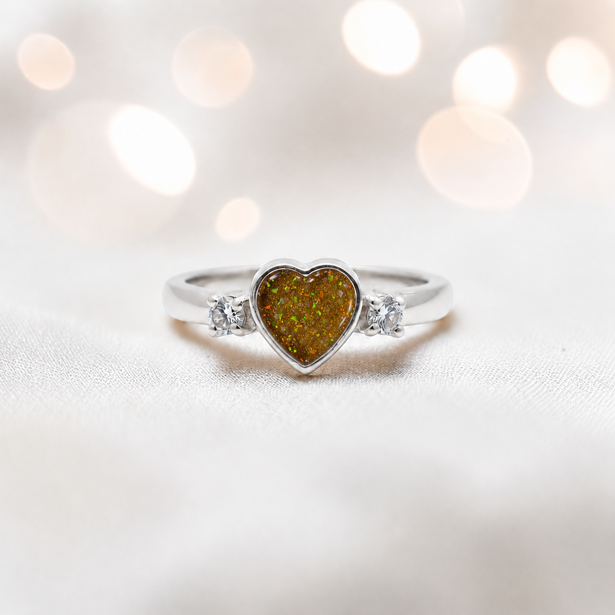 Valentina Ring — silver heart ashes memorial ring, in gold olive, handcrafted in the UK