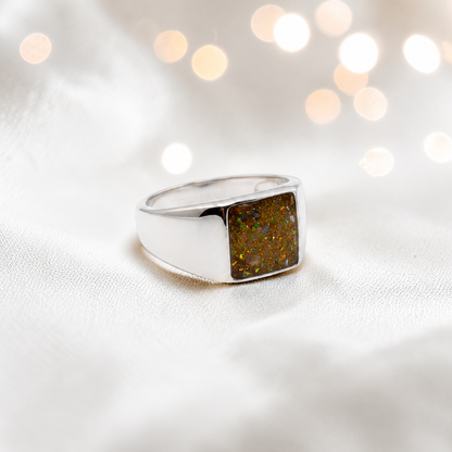 Gold olive Valor men's sterling silver memorial signet ring, handcrafted in Lancashire UK by Keepsake Memorial Jewellery