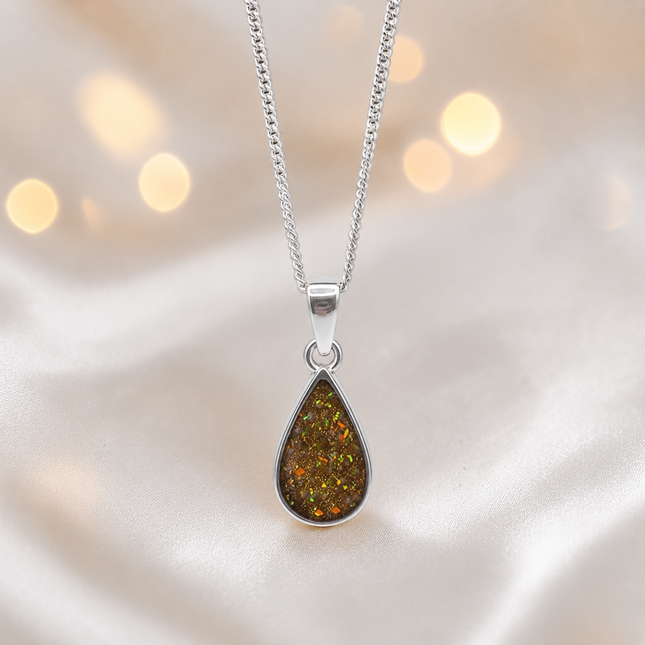 Silver Vega teardrop memorial pendant in Gold Olive, handcrafted in Lancashire UK