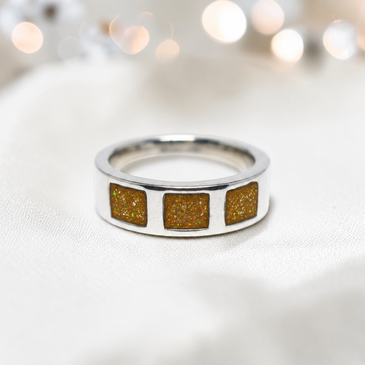 Gold olive vigil men's sterling silver memorial ring with triple setting, handcrafted in Lancashire UK by Keepsake Memorial Jewellery