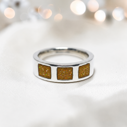 Gold olive vigil men's sterling silver memorial ring with triple setting, handcrafted in Lancashire UK by Keepsake Memorial Jewellery