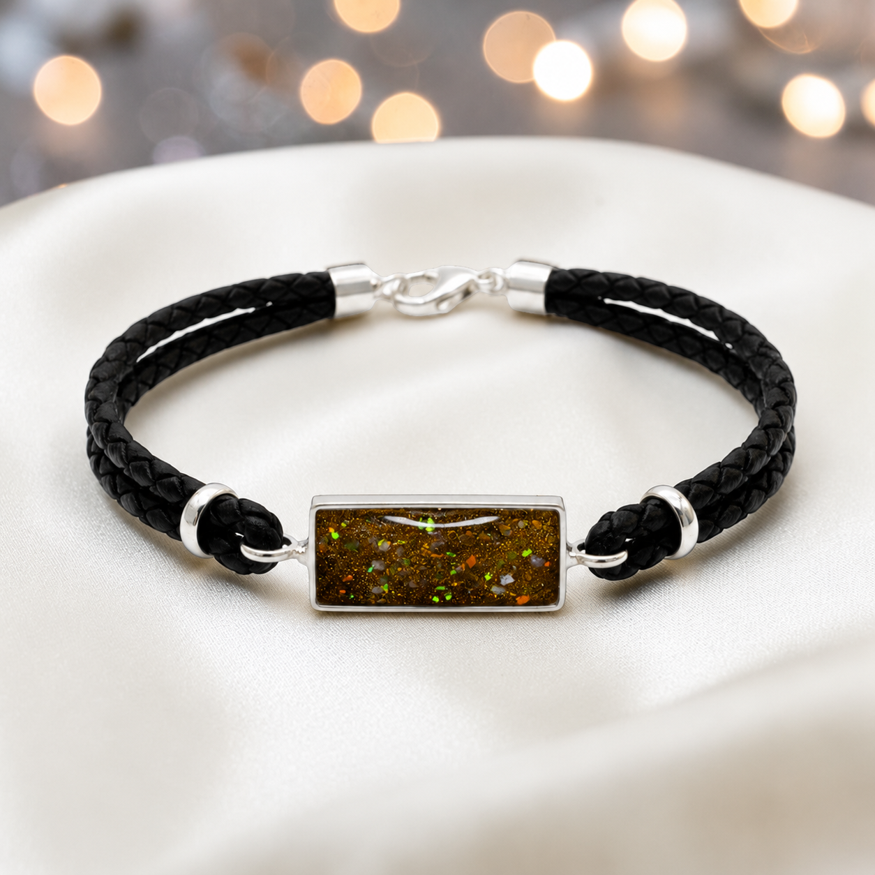 Gold olive Zenith men's sterling silver and leather memorial bracelet , handcrafted in Lancashire UK by Keepsake Memorial Jewellery