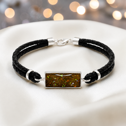 Gold olive Zenith men's sterling silver and leather memorial bracelet , handcrafted in Lancashire UK by Keepsake Memorial Jewellery