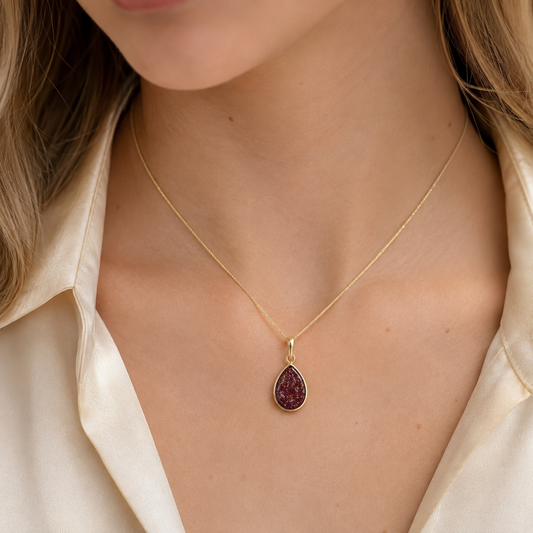 Ruby Red Golden Whisper 9ct gold pendant, handcrafted in Lancashire UK – by Keepsake Memorial Jewellery