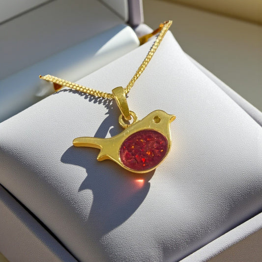 9ct gold robin ashes memorial pendant, handcrafted in Lancashire, UK