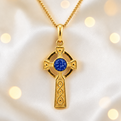 Royal Blue Claddagh Cross 9ct gold pendant, handcrafted in Lancashire UK – by Keepsake Memorial Jewellery