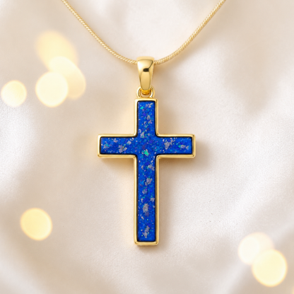 Royal Blue Eternal Cross 9ct gold pendant, handcrafted in Lancashire UK – by Keepsake Memorial Jewellery