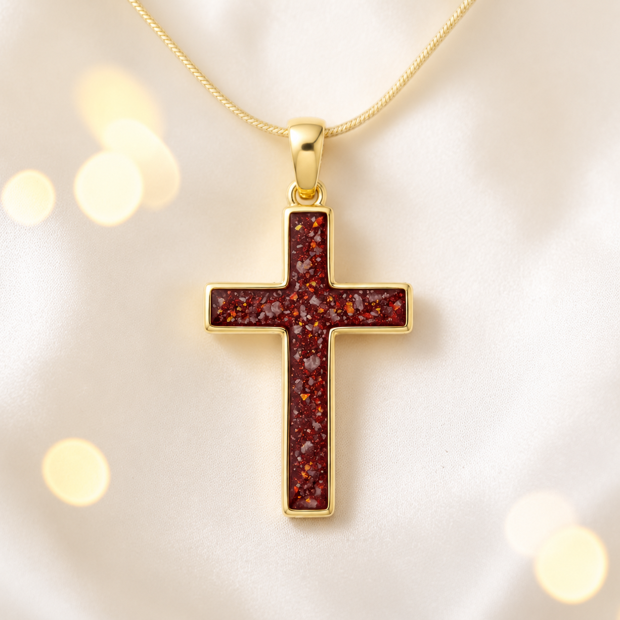 Ruby Red Eternal Cross 9ct gold pendant, handcrafted in Lancashire UK – by Keepsake Memorial Jewellery