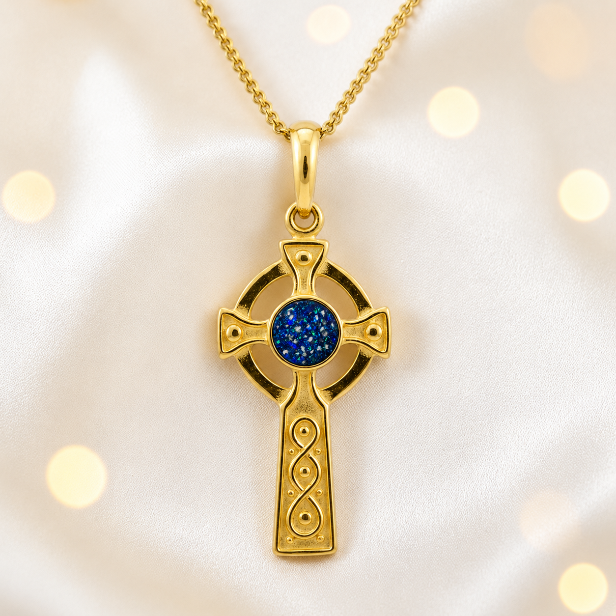 Sapphire Glow Claddagh Cross 9ct gold pendant, handcrafted in Lancashire UK – by Keepsake Memorial Jewellery