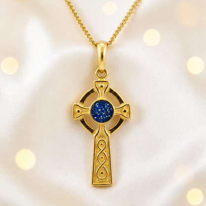 Sapphire Glow Claddagh Cross 9ct gold pendant, handcrafted in Lancashire UK – by Keepsake Memorial Jewellery