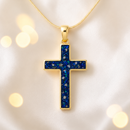 Sapphire Glow Eternal Cross 9ct gold pendant, handcrafted in Lancashire UK – by Keepsake Memorial Jewellery